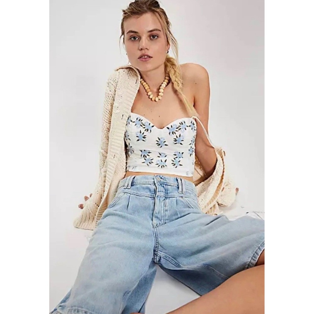 Free People Wild Flowers Embroidered Bustier large white blue new nwt cropped